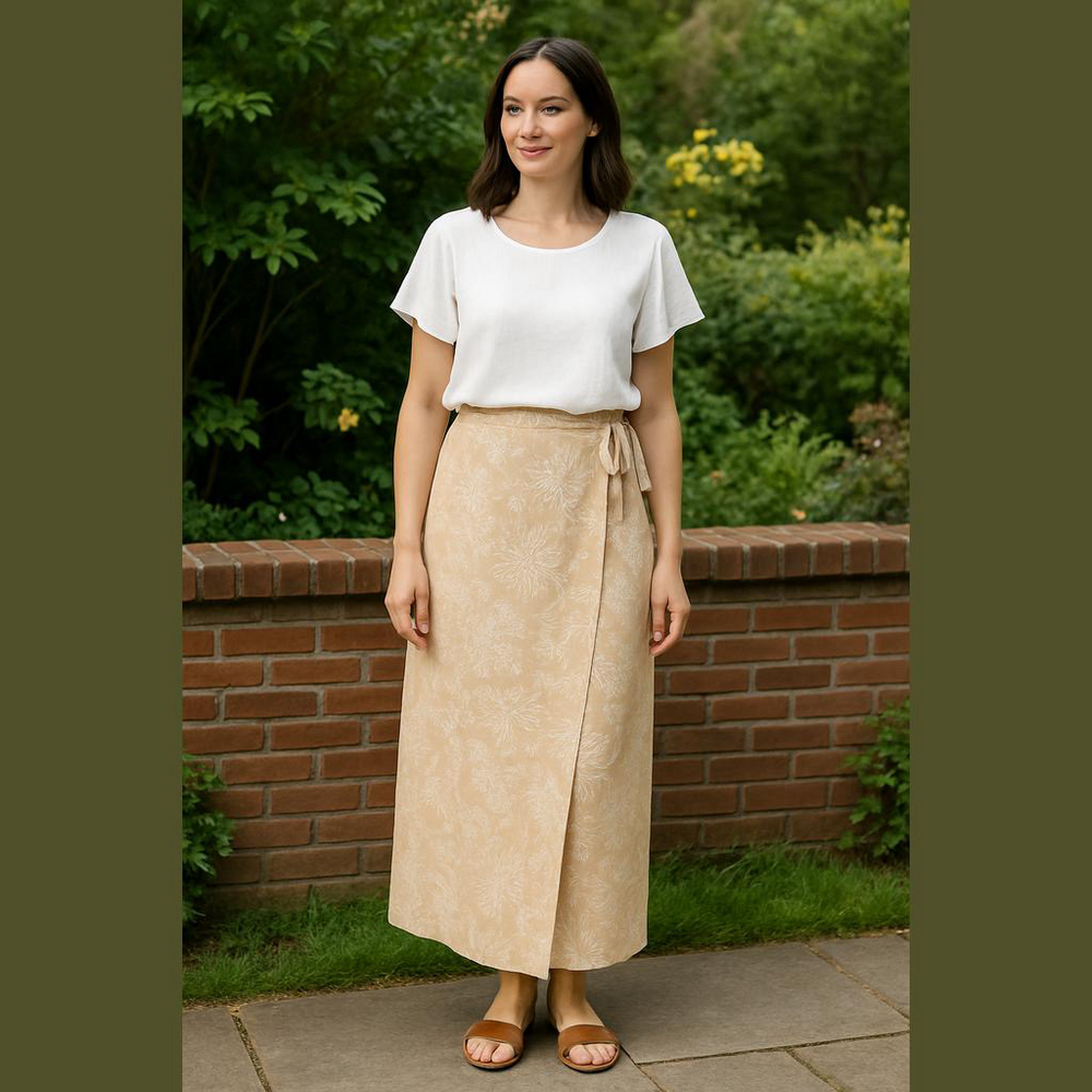 80s TALBOTS LINEN BLEND TAN & WHITE FLORAL PENCIL WRAP MAXI COLUMN SKIRT SZ 16 - Picture 3 of 9